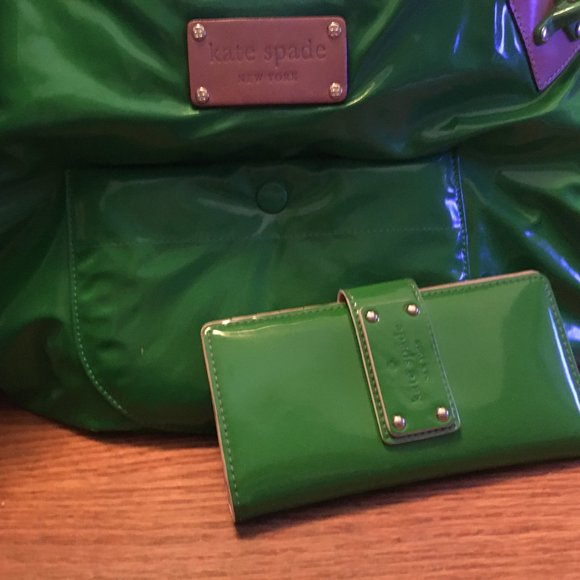 Kate Spade Patent Leather Hobo Bag & Wallet- Bright Apple Green with Tan Straps